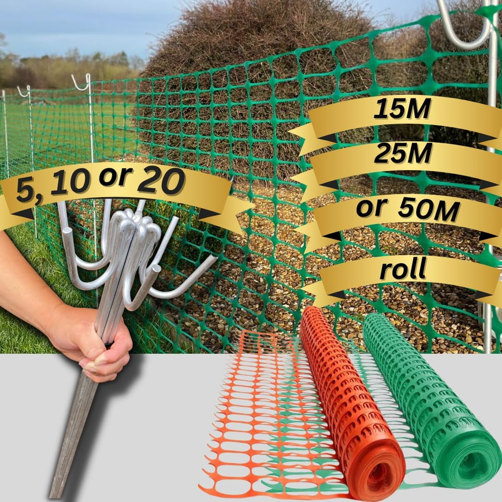 Smith & Barker GALVANISED 5,10, 20 Premium Fencing Pins with 15M 25M 50M Temporary Barrier Fence Mesh Outdoor Garden Plastic Netting Mesh Fence Stakes Posts Metal (15M Green with 5 Pins) - Totally Awesome Toys