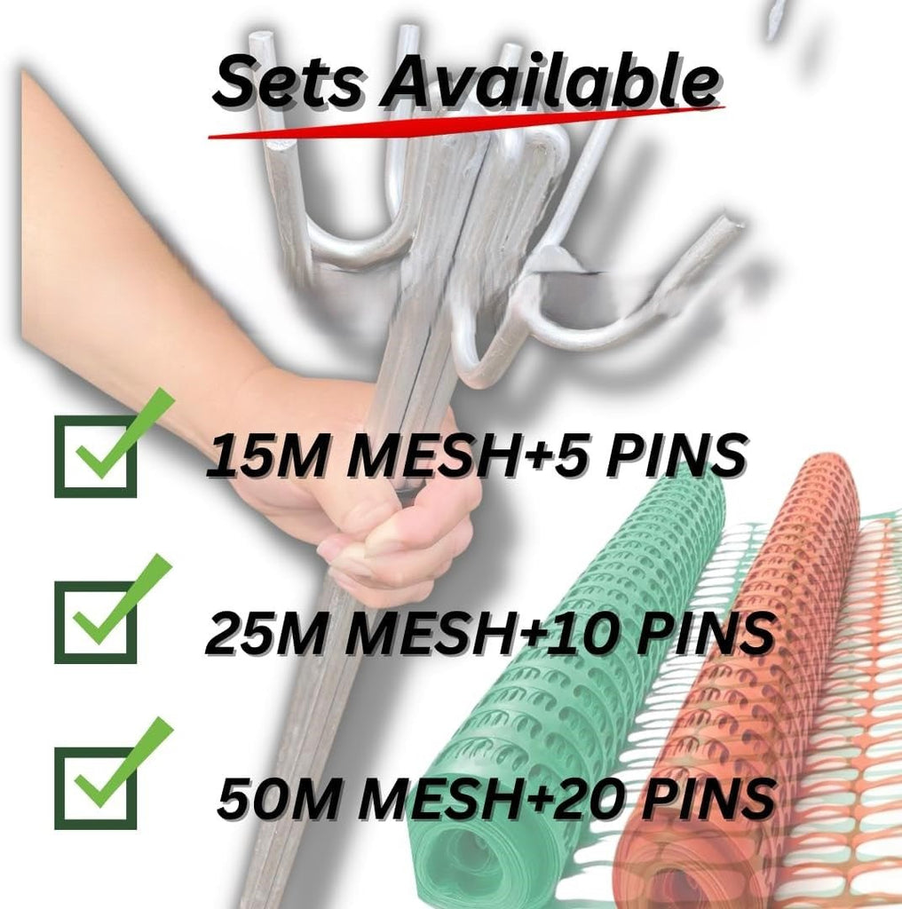 Smith & Barker GALVANISED 5,10, 20 Premium Fencing Pins with 15M 25M 50M Temporary Barrier Fence Mesh Outdoor Garden Plastic Netting Mesh Fence Stakes Posts Metal (15M Green with 5 Pins) - Totally Awesome Toys