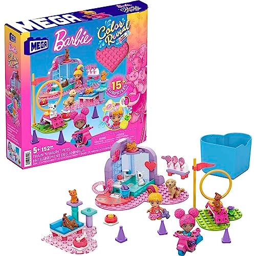 MEGA Barbie Color Reveal Building Toy Playset, Train n Wash Pets with 152 Pieces, 15 Surprises, Accessories and 6 Pets, Kids Age 5+ Years, HHP89 - Totally Awesome Toys