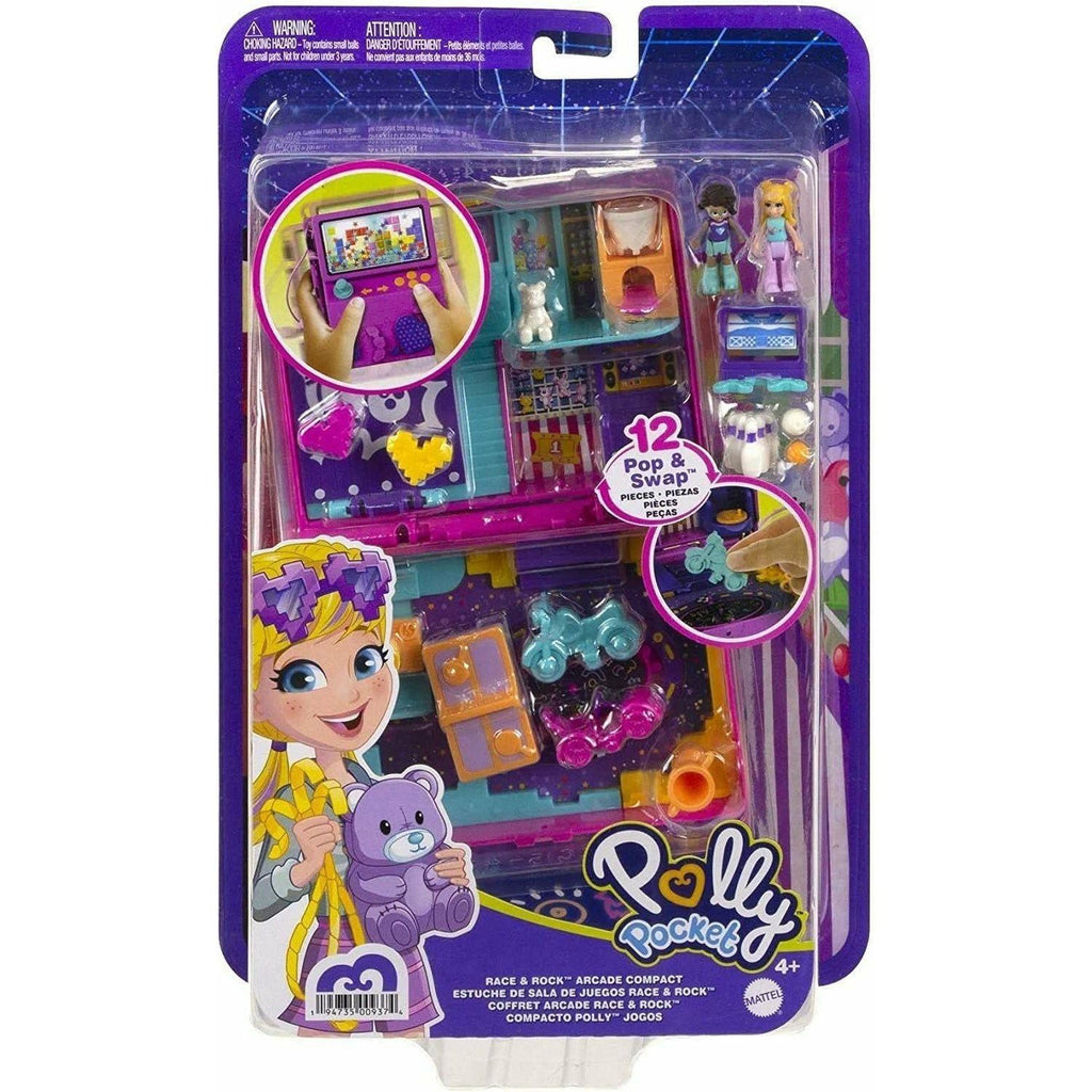 Polly Pocket Race & Rock Arcade - Video Game Themed Compact with Shakable Glitter - 2 Dolls - 12 Pop & Swap Items - 1 Fashion Item - Gift For Kids 4+ - Totally Awesome Toys
