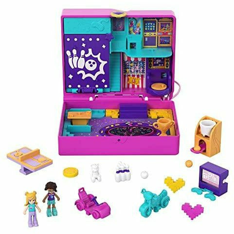Polly Pocket Race & Rock Arcade - Video Game Themed Compact with Shakable Glitter - 2 Dolls - 12 Pop & Swap Items - 1 Fashion Item - Gift For Kids 4+ - Totally Awesome Toys
