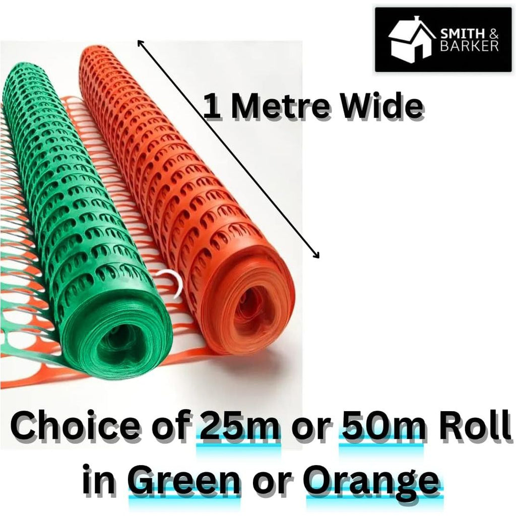 Smith & Barker Barrier Fencing Mesh Roll 130gsm Temporary Garden Outdoor Dog Fence Building Site Plastic 25M 50M Netting Pins Stakes Shepherds Crook - Totally Awesome Toys